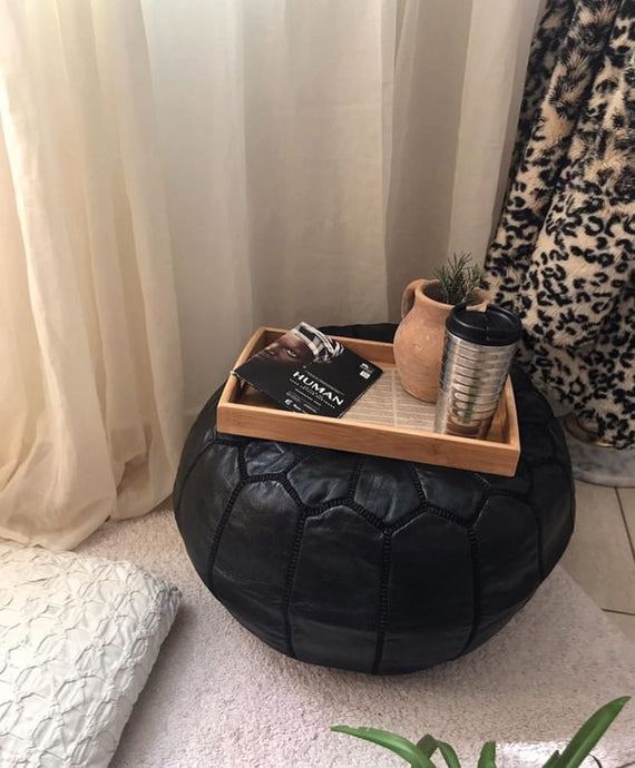 Moroccan Leather Pouf Black