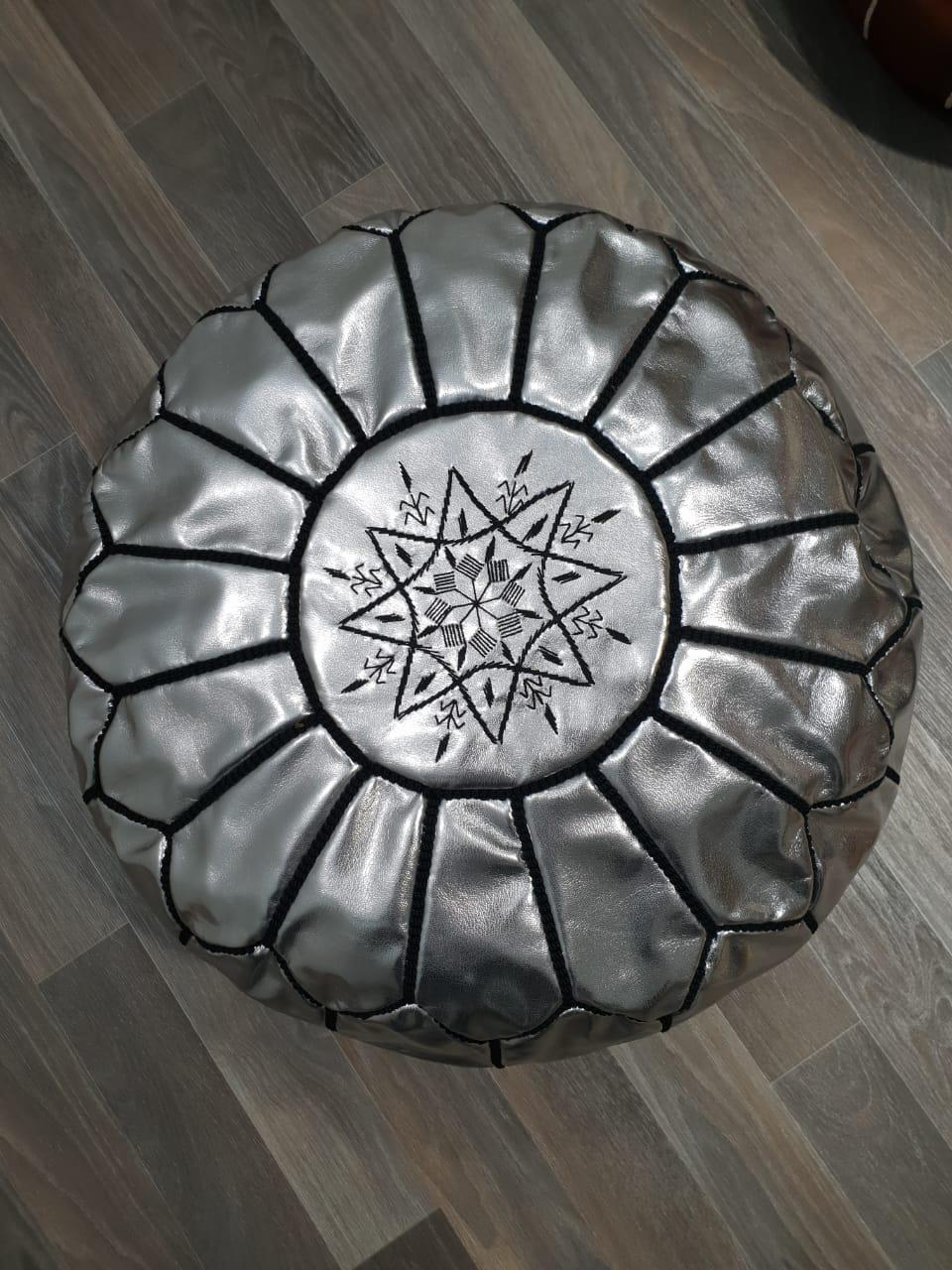 Moroccan Silver Pouf Faux Leather