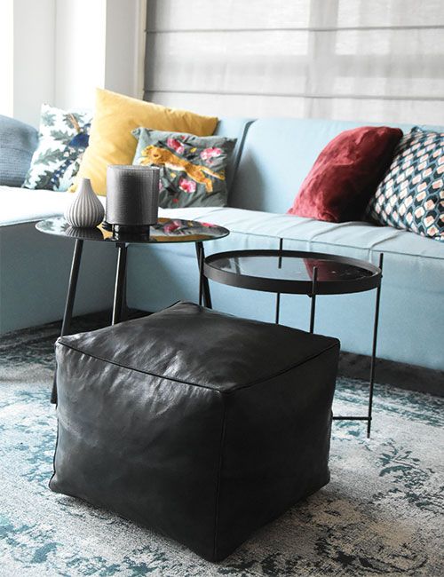 Square Leather Pouf Dark Blue