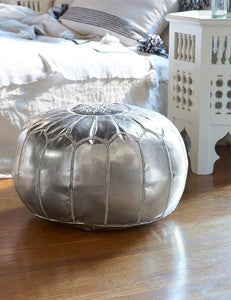 Moroccan Silver Pouf Faux Leather