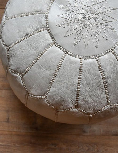 Moroccan White Leather Pouf